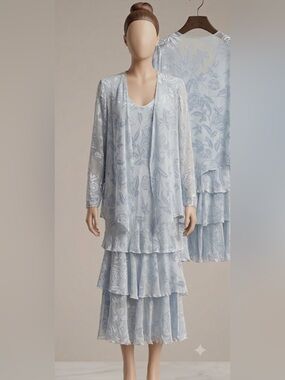 Light Blue Floral Maxi Dress with Sheer Layered Jacket